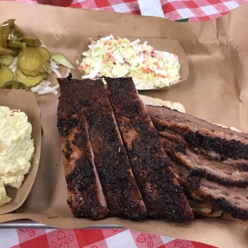 Smokin Barrel BBQ - 2 meat plate ribs and brisket. Potato salad, coleslaw and pickles - Barbeque Near Me - Omaha, Nebraska