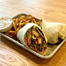 Common Roots Brewing - Buffalo chicken salad wrap, side of house fries and blue cheese.