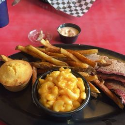 Macaroni and Cheese, Smoked Brisket Plate, Sweet Corn Muffin