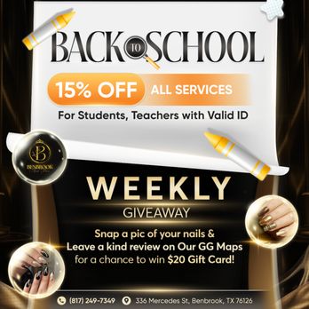 Benbrook Nail Bar - BACK TO SCHOOL BEAUTY BONUS - ONLY AT BENBROOK NAIL BAR!
Get school-ready in style with flawless nails and special perks just for you! - Nail Salons Near Me - Benbrook, Texas Benbrook Nail Bar - BACK TO SCHOOL BEAUTY BONUS - ONLY AT BENBROOK NAIL BAR!
Get school-ready in style with flawless nails and special perks just for you! - Nail Salons Near Me - Benbrook, Texas
