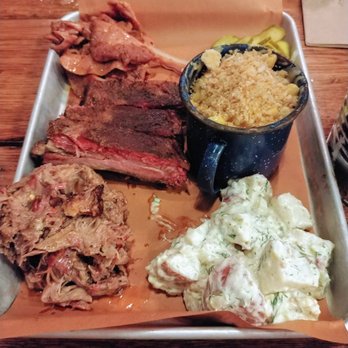 Sweet Cheeks Q - Fat Cheek Tray: Pulled chicken, pulled pork, pork ribs, mac n' cheese, potato salad. - Southern Near Me - Boston, Massachusetts