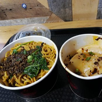 Gu's Dumplings - Dan Dan noodles and half order (6) pork dumplings - Szechuan Near Me - Atlanta, Georgia Gu's Dumplings - Dan Dan noodles and half order (6) pork dumplings - Szechuan Near Me - Atlanta, Georgia