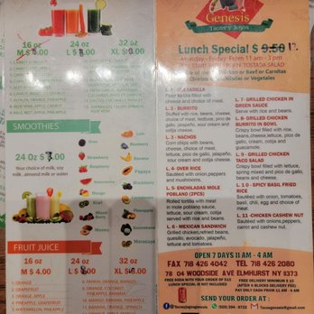 Tacos Y Jugos Genesis - Menu update as of 10/22/21 - Mexican Near Me - Elmhurst, New York Tacos Y Jugos Genesis - Menu update as of 10/22/21 - Mexican Near Me - Elmhurst, New York