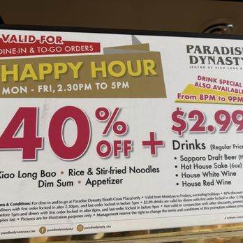 Paradise Dynasty - Details on Happy Hour times ( 2:30-5pm) Only Monday thru Thursday. - Singaporean Near Me - Costa Mesa, California Paradise Dynasty - Details on Happy Hour times ( 2:30-5pm) Only Monday thru Thursday. - Singaporean Near Me - Costa Mesa, California
