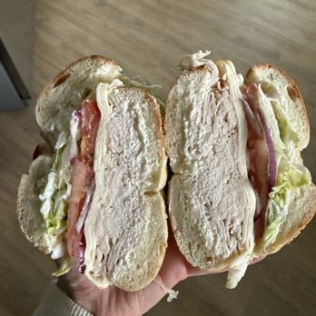 Bagel Hut - Turkey, Muenster, lettuce, tomato, onion, mayo on a sesame bagel - Delis Near Me - Matawan, New Jersey Bagel Hut - Turkey, Muenster, lettuce, tomato, onion, mayo on a sesame bagel - Delis Near Me - Matawan, New Jersey