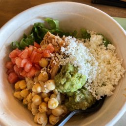 Chicken with chick peas, tomatoes, lettuce, avocado and queso Fresca