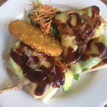 Cafe Florence - Chicken Avocado (with added hash brown). Grilled chicken breast, avocado, Spanish onion, topped with BBQ sauce and melted tasty cheese. - Restaurants Near Me - Hornsby, NSW