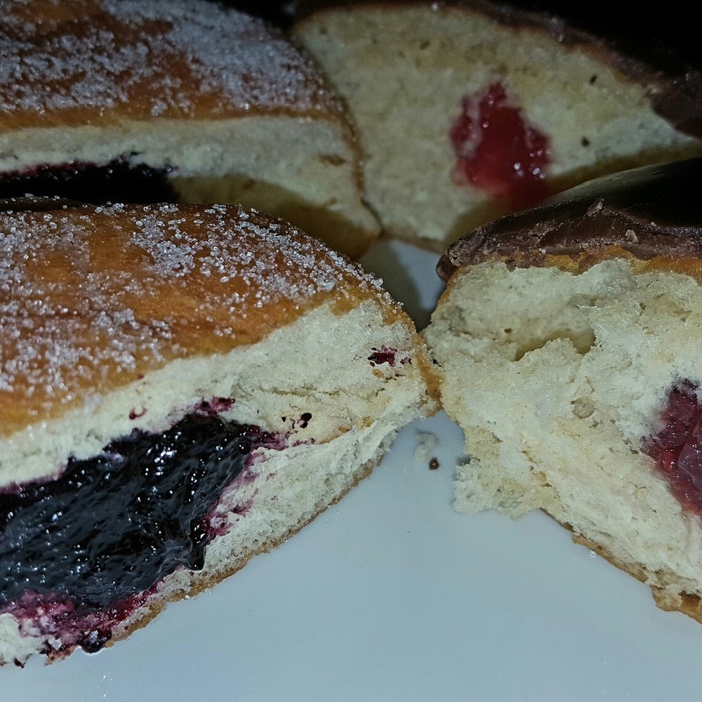 Orwashers - Sugar donut with raspberry jelly and chocolate donut with sour cherry. Not bad but didn't live up to the hype. - Bakeries Near Me - New York, New York Orwashers - Sugar donut with raspberry jelly and chocolate donut with sour cherry. Not bad but didn't live up to the hype. - Bakeries Near Me - New York, New York