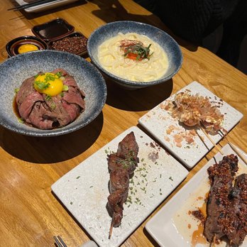 Shinya Shokudo - Mentaiko Creamy Udon, Wagyu Tataki Donburi, Gyu Tan Moto, quail eggs wrapped in bacon - Izakaya Near Me - Seattle, Washington Shinya Shokudo - Mentaiko Creamy Udon, Wagyu Tataki Donburi, Gyu Tan Moto, quail eggs wrapped in bacon - Izakaya Near Me - Seattle, Washington