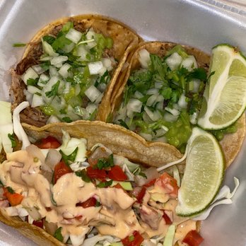 Roxys Tacos - Two Carnitas street tacos, Baja fish with Chipotle - Mexican Near Me - San Diego, California