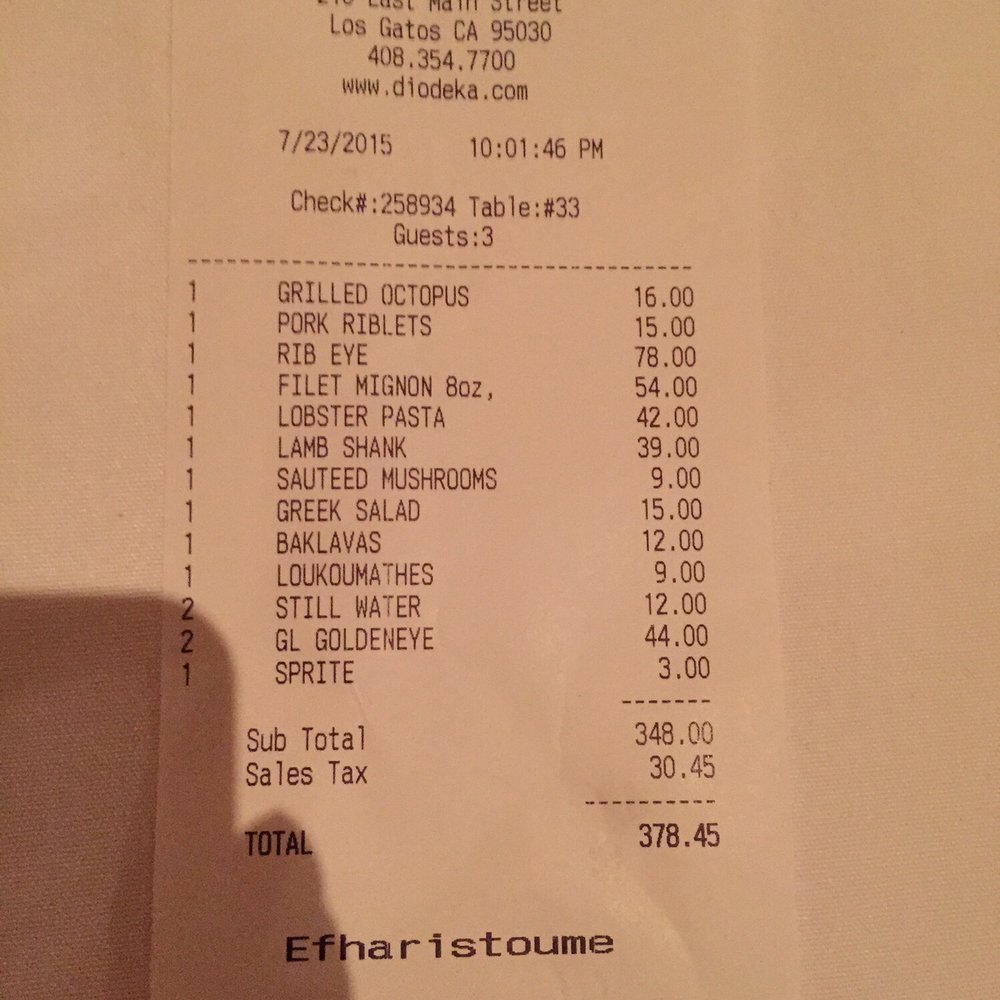 Dio Deka - The bill for 3 people. Before tip. lol - Greek Near Me - Los Gatos, California Dio Deka - The bill for 3 people. Before tip. lol - Greek Near Me - Los Gatos, California