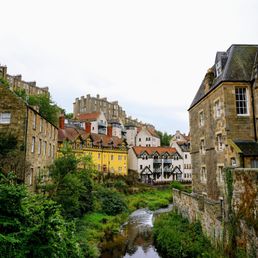 View of Dean Village from Bell's Brae Bridge crossing Water of Leith River.