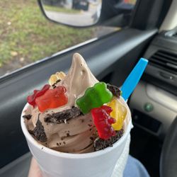 Dairy Kurl - Medium sized Kandy Kurl with chocolate soft serve, Oreos and gummy bears.
