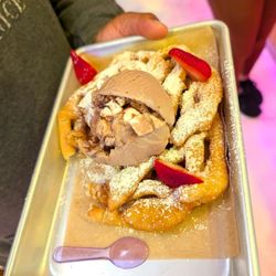Nitro Cow - Funnel cake topped with chocolate ice cream
