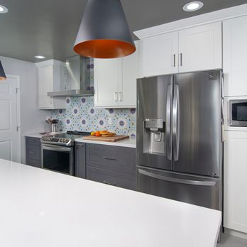 Premium Cabinets - Gray lowers/white upper - our Wayfair peninsula light makes an appearance - Cabinetry Near Me - Oceanside, California