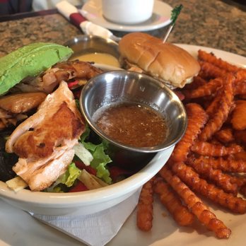 Seven Saints - Summer salmon salad and grilled chicken slider with sweet potato Sweet Potato Fries - American Near Me - Champaign, Illinois Seven Saints - Summer salmon salad and grilled chicken slider with sweet potato Sweet Potato Fries - American Near Me - Champaign, Illinois