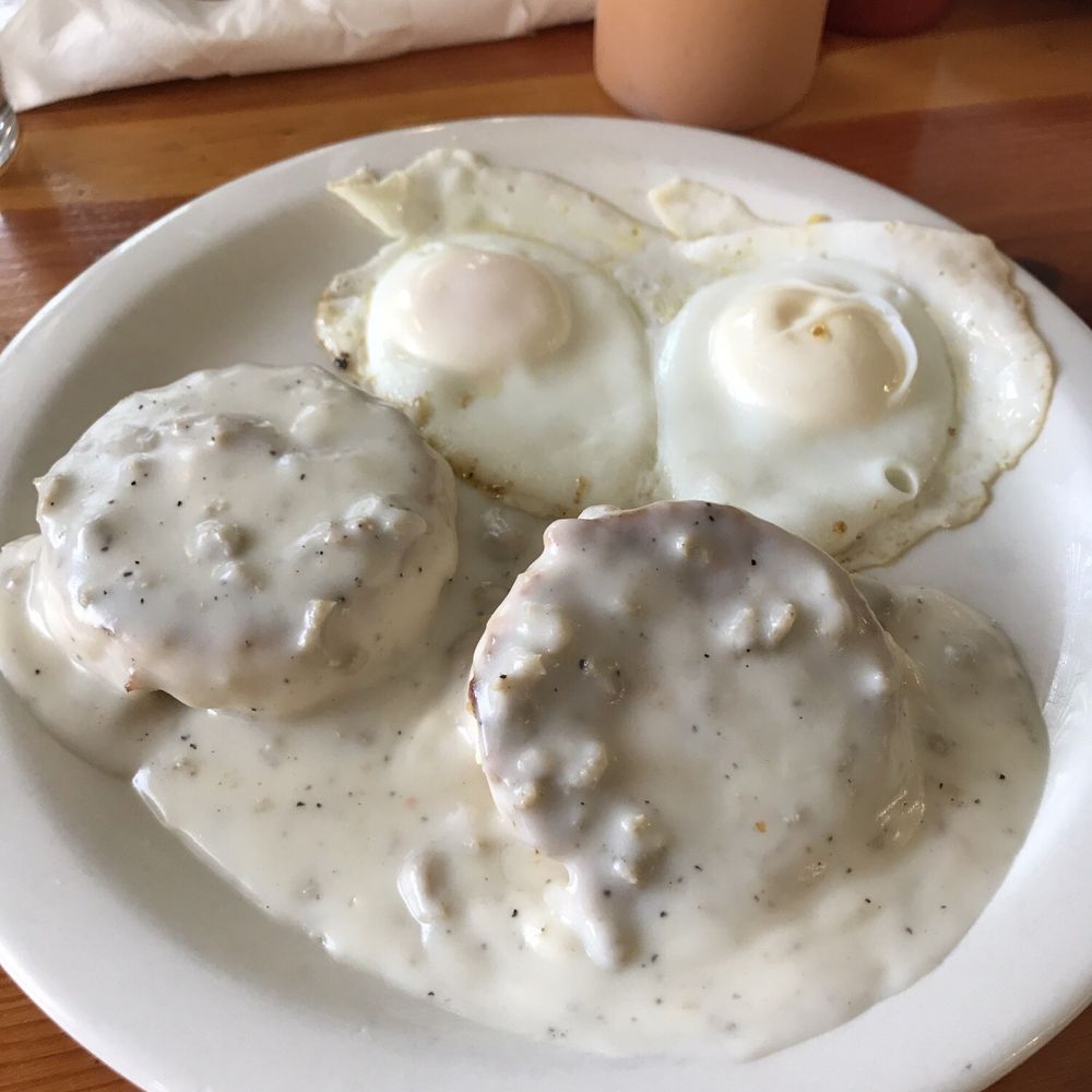 Rose Lake Restaurant - Biscuits and gravy with perfectly basted eggs. - Breakfast & Brunch Near Me - Cataldo, Idaho Rose Lake Restaurant - Biscuits and gravy with perfectly basted eggs. - Breakfast & Brunch Near Me - Cataldo, Idaho
