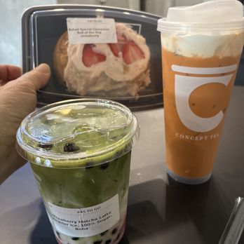 Concept Tea - Strawberry Matcha Latte, Thai Tea, and *amazing* fresh baked strawberry cheesecake cinnamon roll. - Coffee & Tea Near Me - Denison, Texas Concept Tea - Strawberry Matcha Latte, Thai Tea, and *amazing* fresh baked strawberry cheesecake cinnamon roll. - Coffee & Tea Near Me - Denison, Texas