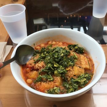 Little Pecks - $10 a giant bowl of Squash Fagioli Soup. Chickpeas instead of white beans. Breadcrumbs, Pickle caper parsley garnish... - Coffee & Tea Near Me - Troy, New York