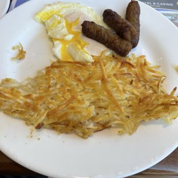 Riverview Restaurant - Over easy egg, sausage, links, and hashbrowns also came with sourdough toast - American Near Me - Laughlin, Nevada Riverview Restaurant - Over easy egg, sausage, links, and hashbrowns also came with sourdough toast - American Near Me - Laughlin, Nevada