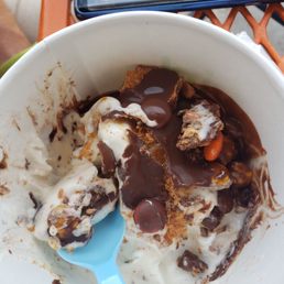 NSA vanilla with reeses pieces, butterfinger, and a chocolate shell topping NSA vanilla with reeses pieces, butterfinger, and a chocolate shell topping