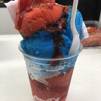 Crazy About Mangonadas - Pelon pelacas sorbet and blue coconut sorbet with chamoy sauce and chili lime salt - Shaved Ice Near Me - Pleasanton, Texas