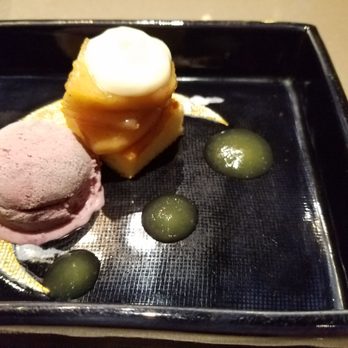 Nanzan GiroGiro - $14 dessert - almond cake, sauteed apple, ginger cream cheese, celery sauce, BlackBerry red wine ice cream - Japanese Near Me - Honolulu, Hawaii