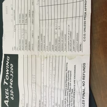 Axel Towing - Real receipt - Towing Near Me - Sugar Grove, Illinois Axel Towing - Real receipt - Towing Near Me - Sugar Grove, Illinois