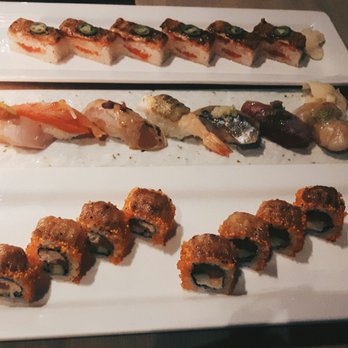 Miku - (top to bottom) Salmon Aburi Oshi Sushi, Premium Aburi Nigiri, Miku Roll - Japanese Near Me - Vancouver, British Columbia