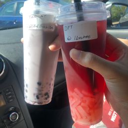 Taro Milk Tea w/ Boba & Red Bean (Half Sweet), Dragon Fruit w/ Lychee Jelly