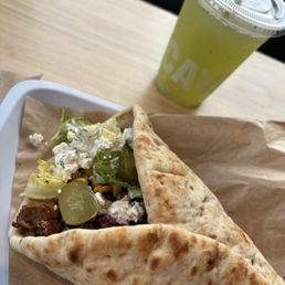 Chicken pita and mint cucumber lime drink