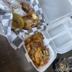 J Brian’s Station - Pork sandwich with reg BBQ sauce and Mustard BBQ sauce. Peach cobbler. One of the many root beer bottles.