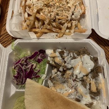 Extreme Hummus - Beef & Lamb Gyro Plate with Cilantro Jalapeño hummus. Greek fries. - Mediterranean Near Me - Citrus Heights, California