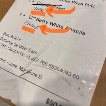 Billy Bricks - Naperville - Receipt showing my requests that the restaurant ignored - Pizza Near Me - Naperville, Illinois