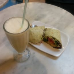 Chicken curry wrap yummy! And pineapple coconut smoothie.