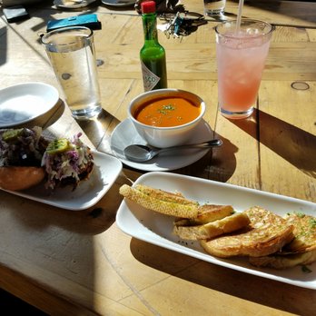 Seabirds Kitchen - BBQ jackfruit sliders, tomato soup and grilled cheese. (Left to right) - Vegan Near Me - Costa Mesa, California