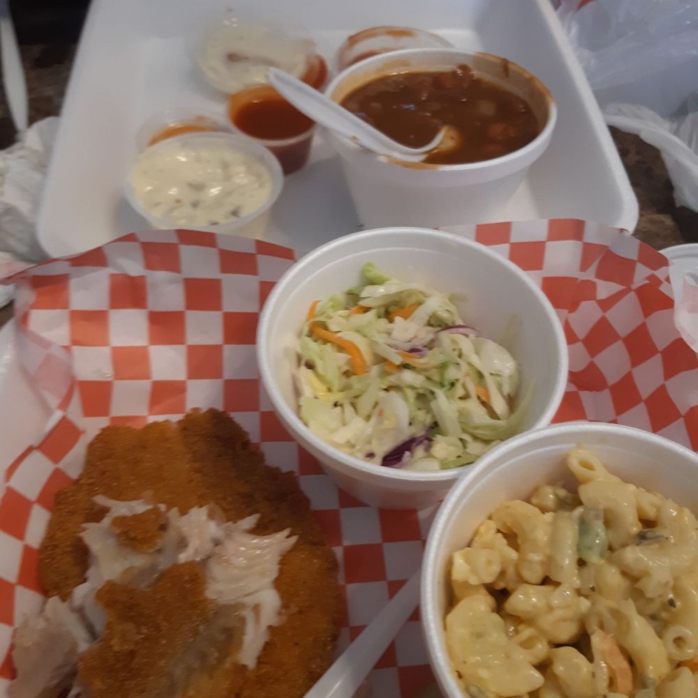 Harris' Smokehouse BBQ - Catfish with coleslaw, macaroni salad and beans. - Food Trucks Near Me Harris' Smokehouse BBQ - Catfish with coleslaw, macaroni salad and beans. - Food Trucks Near Me
