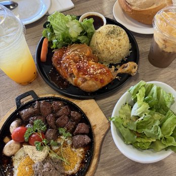 Sip Restaurant & Coffee - Passion fruit soda, com ga xoi mo, egg coffee, bo ne black pepper sauce, side salad & baguette - Coffee & Tea Near Me - Westminster, California