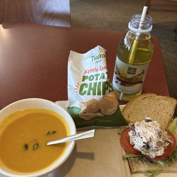 Panera Bread - Vegetarian Autumn Squash Soup, cranberry walnut chicken salad, chips and green tea drink - Sandwiches Near Me - Farmingdale, New York Panera Bread - Vegetarian Autumn Squash Soup, cranberry walnut chicken salad, chips and green tea drink - Sandwiches Near Me - Farmingdale, New York