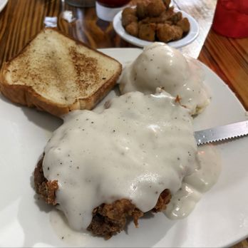 The Farmstead - Chicken fried steak, mashed potatoes and gravy and fried okra. - American Near Me - Colbert, Oklahoma