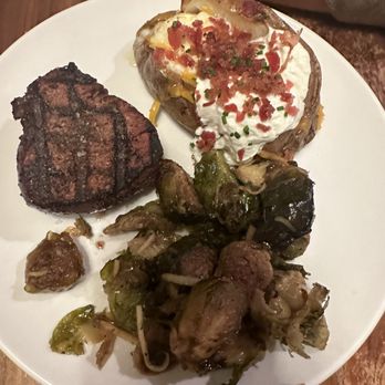 Walnut Kitchen - 8oz steak, baked potato with brussel sprouts - Southern Near Me - Maryville, Tennessee Walnut Kitchen - 8oz steak, baked potato with brussel sprouts - Southern Near Me - Maryville, Tennessee