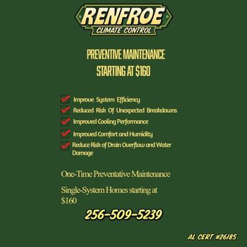 Renfroe Climate Control - One-Time Maintenance - Heating & Air Conditioning/HVAC Near Me - Hazel Green, Alabama Renfroe Climate Control - One-Time Maintenance - Heating & Air Conditioning/HVAC Near Me - Hazel Green, Alabama