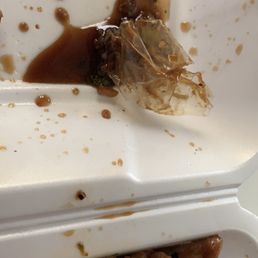 Food from drive through.  Kung Pao Chicken and Angus Steak with a huge piece of thick plastic bag material in it.