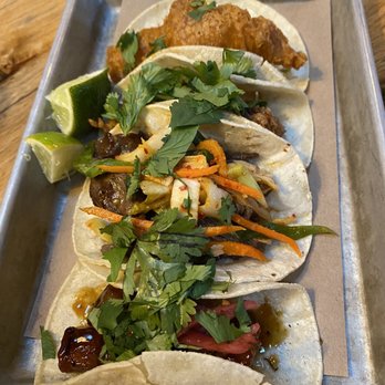 bartaco - Chapel Hill - Top to bottom: Crispy Fish, Oyster, Sesame Beef, Pork Belly - Tacos Near Me - Chapel Hill, North Carolina