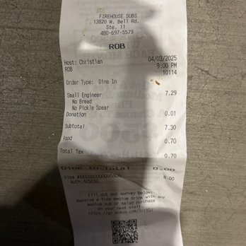 Firehouse Subs - Receipt of small engineer sub late Thursday Engineer - Sandwiches Near Me - Surprise, Arizona Firehouse Subs - Receipt of small engineer sub late Thursday Engineer - Sandwiches Near Me - Surprise, Arizona