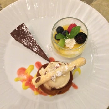 Cafe Miro - Gateua chocolat cake, Lilikoi sorbet and panna cotta with fresh berries - Modern European Near Me - Honolulu, Hawaii Cafe Miro - Gateua chocolat cake, Lilikoi sorbet and panna cotta with fresh berries - Modern European Near Me - Honolulu, Hawaii
