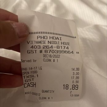 Pho Hoai Vietnamese Noodle House - receipt - Vietnamese Near Me - Calgary, Alberta Pho Hoai Vietnamese Noodle House - receipt - Vietnamese Near Me - Calgary, Alberta