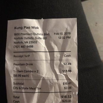 Kung Pao Wok - My receipt showing when I got my crappy food - Chinese Near Me - Norfolk, Virginia Kung Pao Wok - My receipt showing when I got my crappy food - Chinese Near Me - Norfolk, Virginia