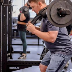 Traditional Strength - Member and local dentist Tim does some safety bar squats