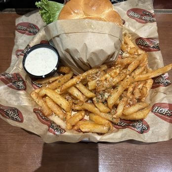 Hops n Drops - Chicken sandwich and SIDE GARLIC FRIES - American Near Me - Keizer, Oregon Hops n Drops - Chicken sandwich and SIDE GARLIC FRIES - American Near Me - Keizer, Oregon